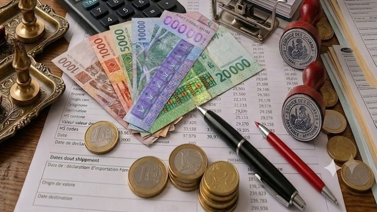 Classeur douane, calculatrice et billets en francs CFA pour le calcul des droits de douane